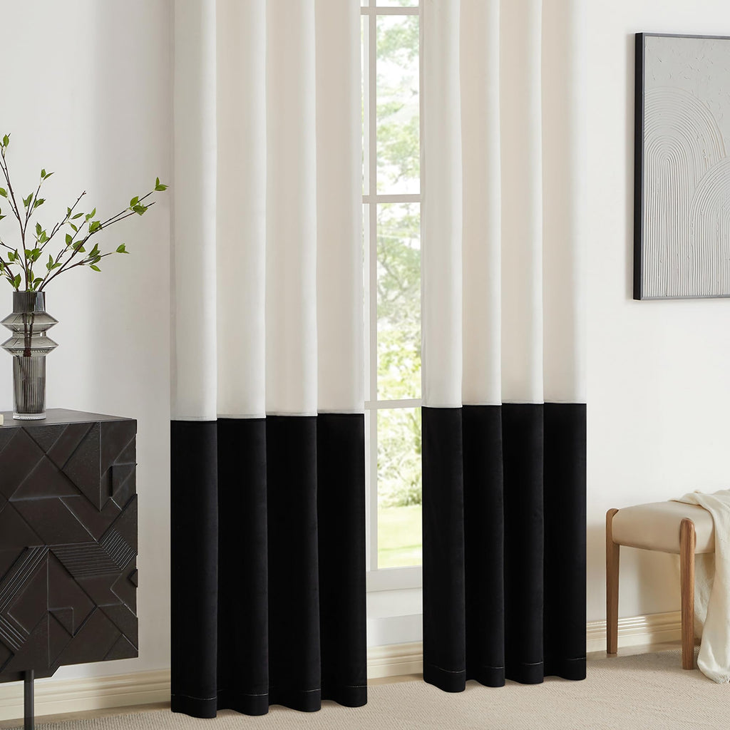 Modern Cream White Black Decorative Velvet Curtains 72 inches 2 Panels