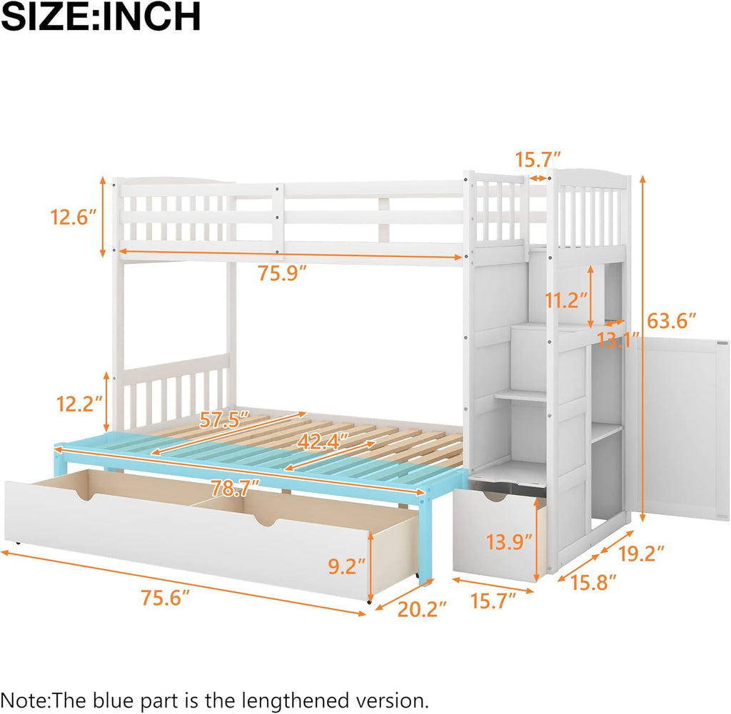 Twin Over Full/Twin Bunk Bed with 3 Drawers, 4 Storage and Cabinet Door