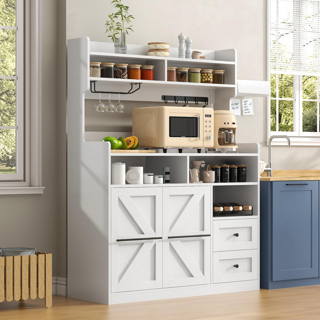 Hutch Storage Buffet Cabinet with Drawers, and Charging Station, Coffee Bar Cabinet with Barn Doors, Wine Rack and