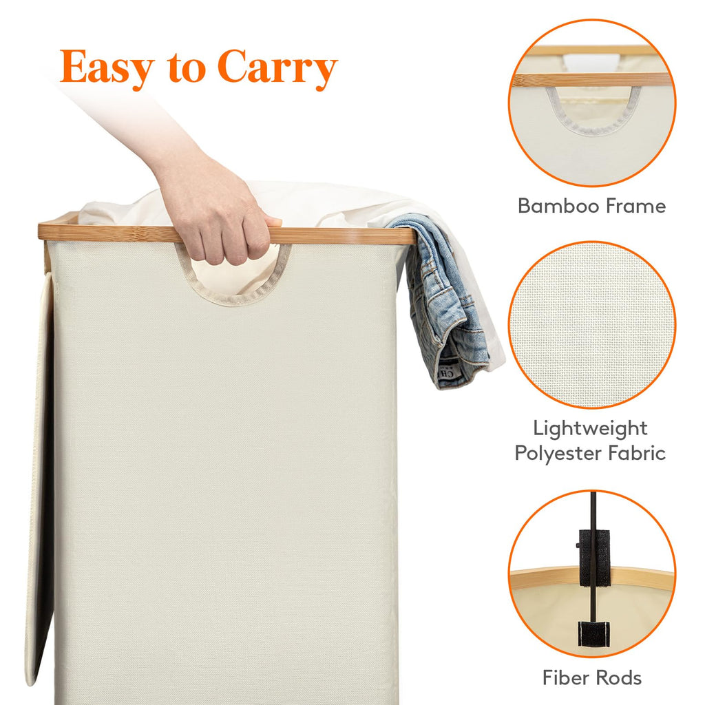 170L Double Laundry Hamper with Lid and Removable Bag, Beige