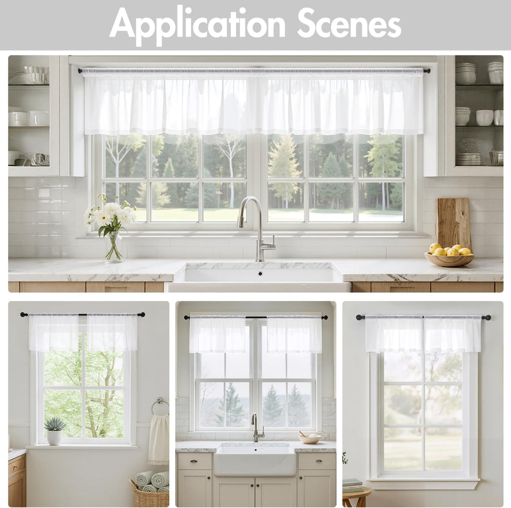 White Valance for Windows, 4 Panels Set, Light Filtering Small Short Valance Sheer Curtains , 42W x 14 Inches