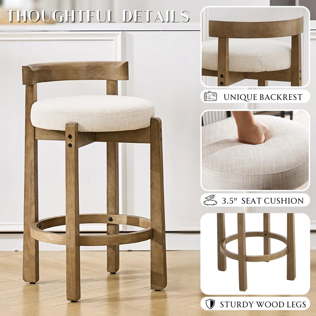 26.5" Counter Height Bar Stools Set of 3 | Mid Century Modern Low Back Bar Chairs with Solid Wood Legs & Linen