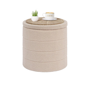 Round Folding Storage Ottoman, Beige Boucle Footstool