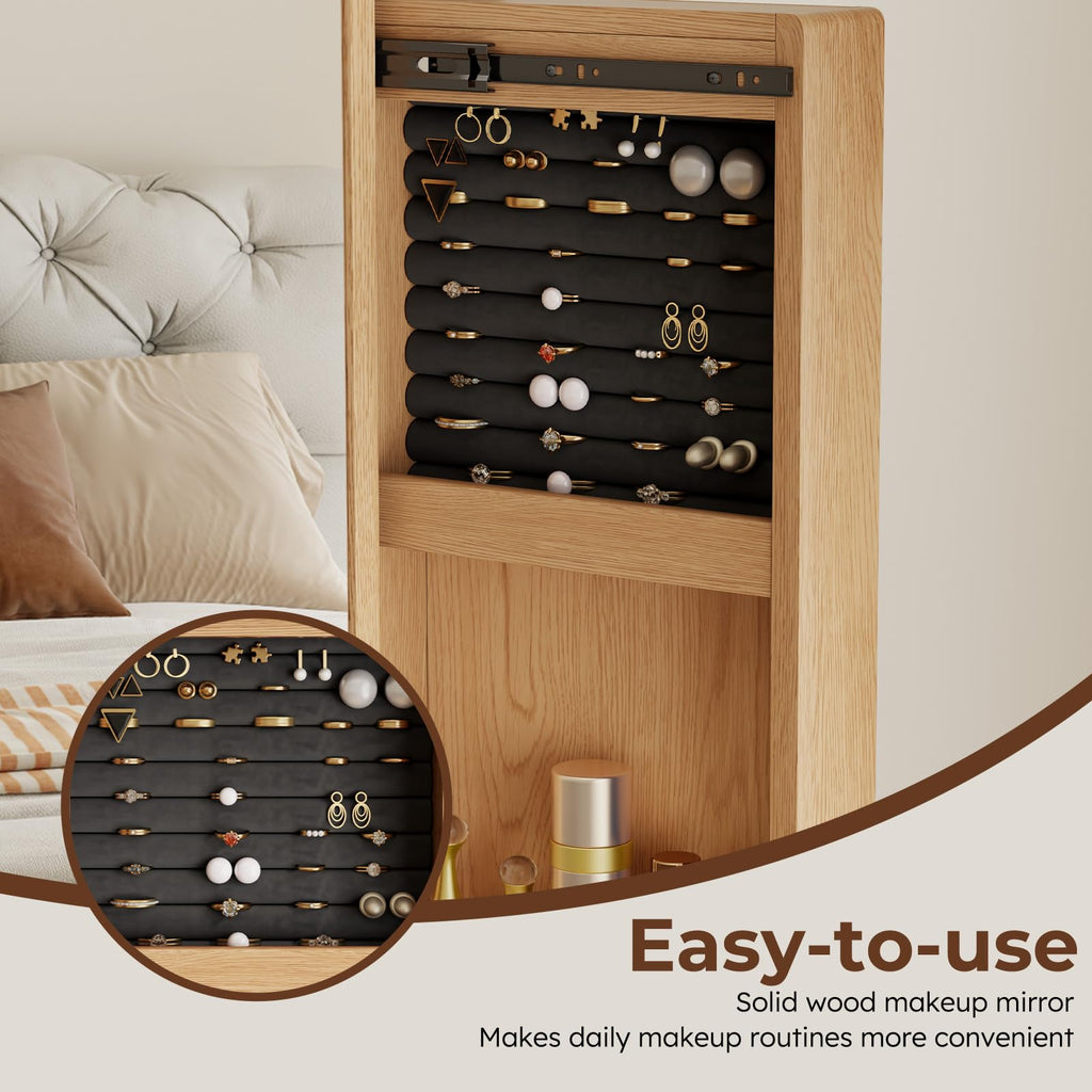 69" H×20" W Solid wood Mirror Jewelry Cabinet, 360°Swivel Jewelry Organizer, Jewelry Armoire Cabinet Standing, Full