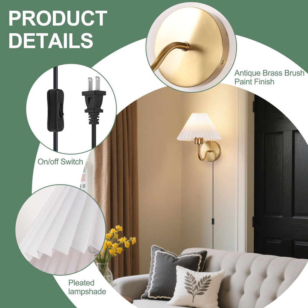 Wall Sconces Sets of 2, Golden Plug in Wall Sconces with Switch for Dresser, Classic Cord Wall Lamp Living Room