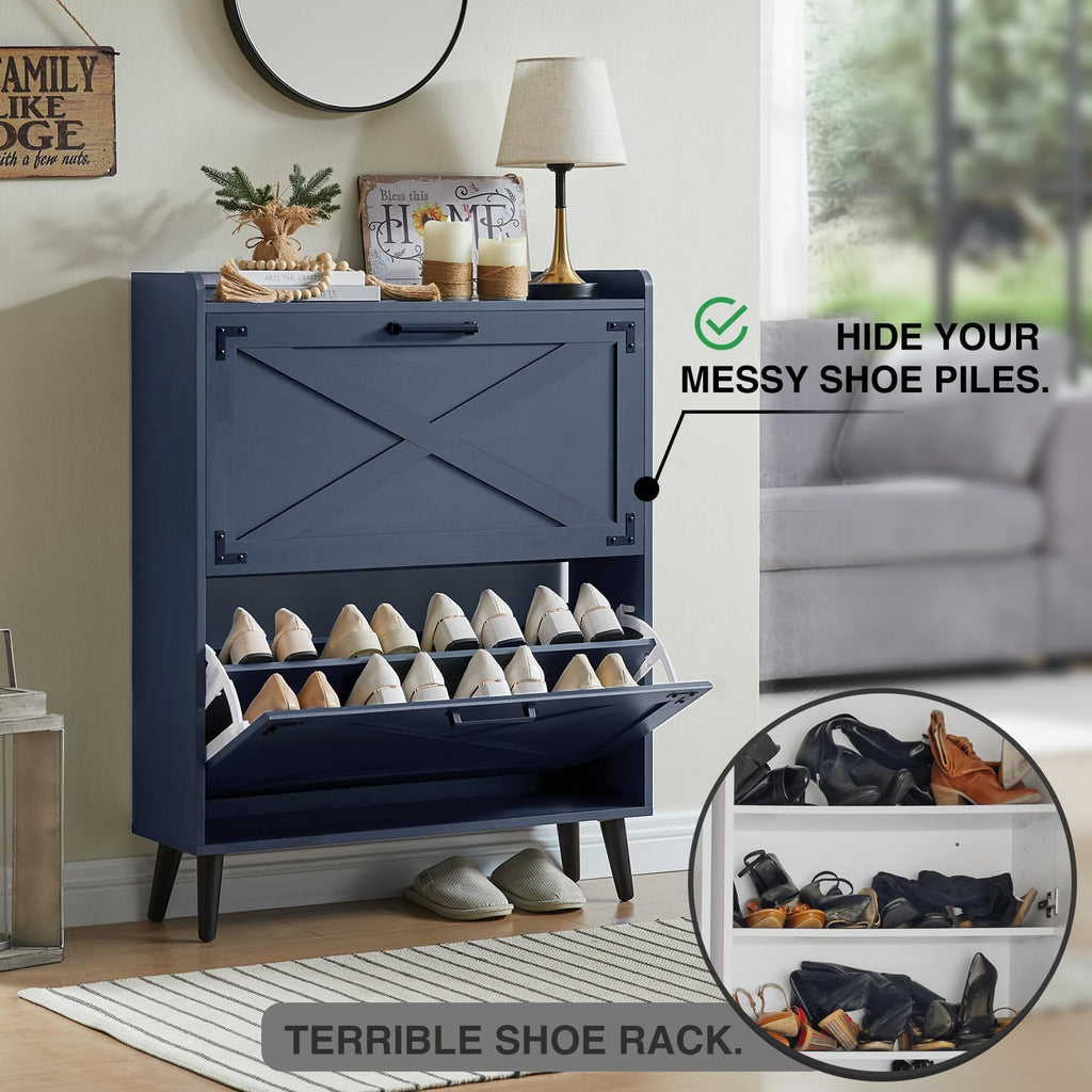 Farmhouse Shoe Storage Cabinet with 2 Flip Drawers & Barn Door