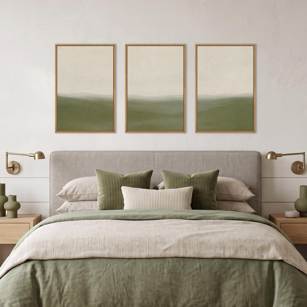Sage Green Abstract Landscape Framed Canvas Wall Art Set, Watercolor Neutral Minimalist Mountain Wall Decor, Natural