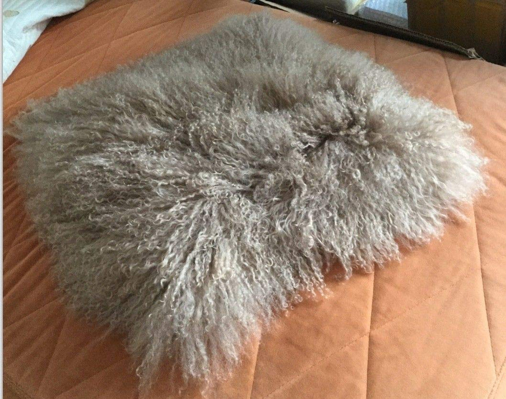 Mongolian Tibetan Lamb Fur Throw Pillow Cushion Cover Pillowcase, Khaki (24"x24")
