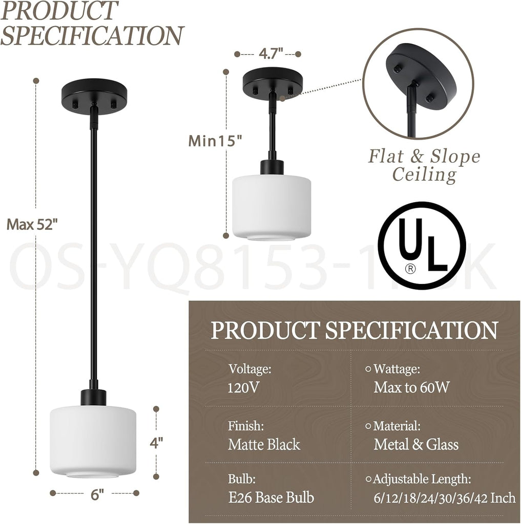 Black Pendant Lights Kitchen Island 2 Pack, Modern Milk Glass Hanging Light Fixtures with Rods, Mini Kitchen Pendant