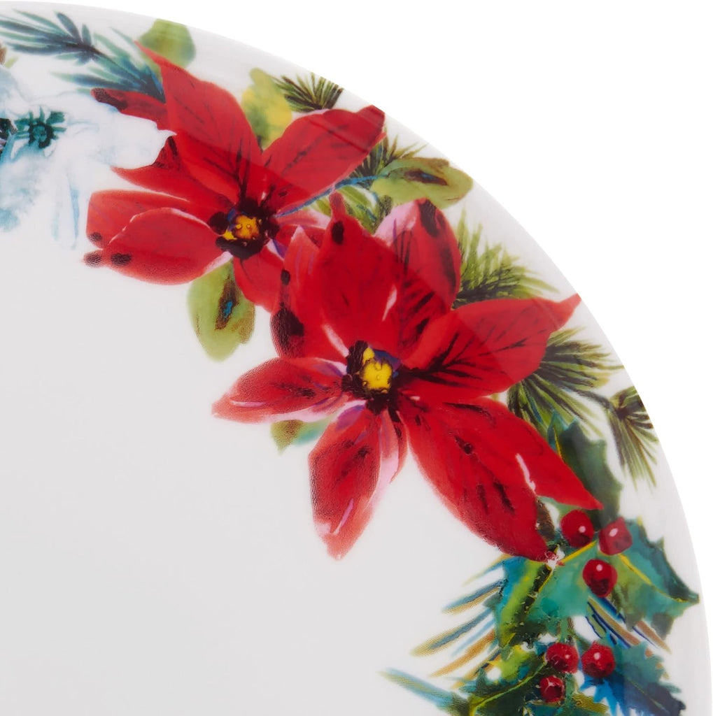 Hope Joy Holiday Poinsettia Bone China Lightweight Chip Resistant 16 Piece Dinnerware Set, Service for 4, Multicolor