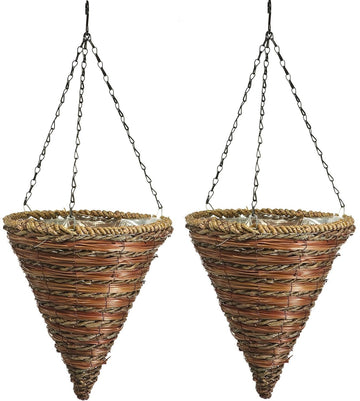 No. 88636 12 Inch, Rope & Fern Wicker Cone Hanging Basket Planters - Quantity 2