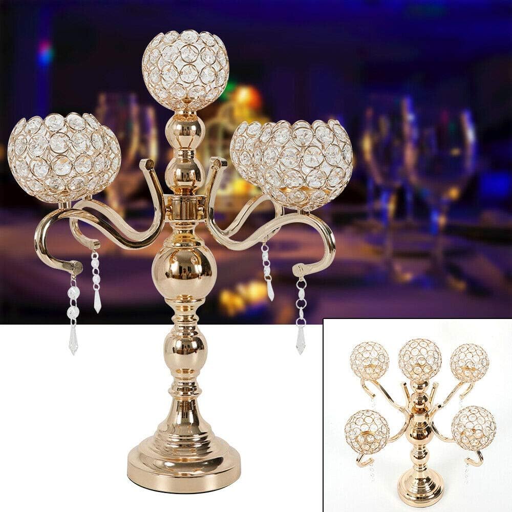5-Arm Silver Crystal Candelabra Candle Holder Tall Floor Candle Holder with Clear Crystal Pendant Candelabras