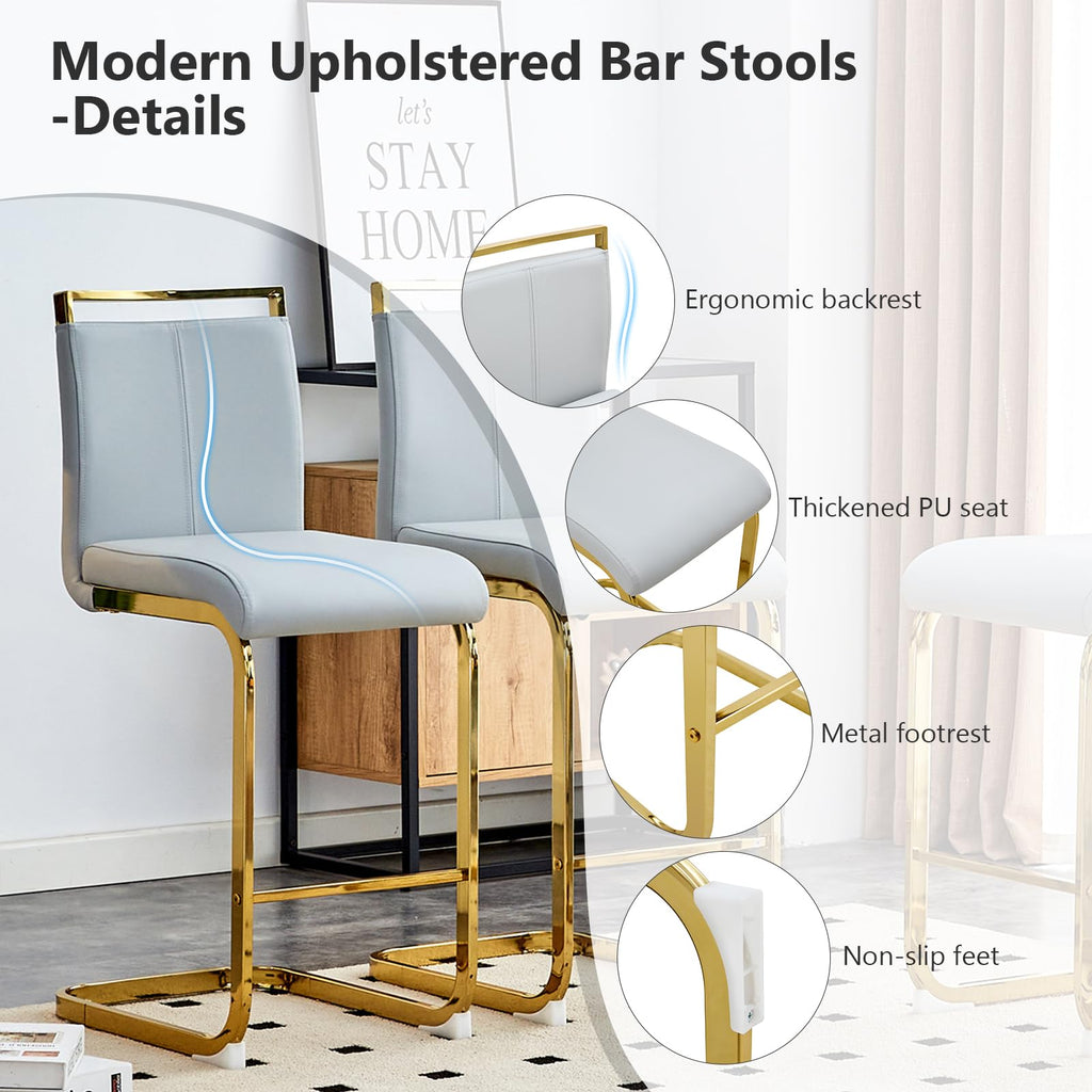 25" Modern Counter Height Bar Stool Set of 6, Leather Upholstered with Back and Gold Metal Frame, Kitchen Island