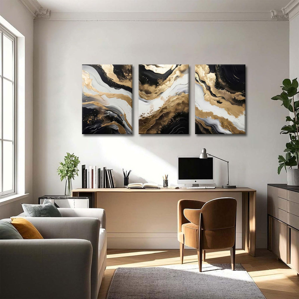 Black and Gold Abstract Canvas Wall Art Set of 3 Abstract Black Gold Marble Wall Decor Pictures Neutral Modern
