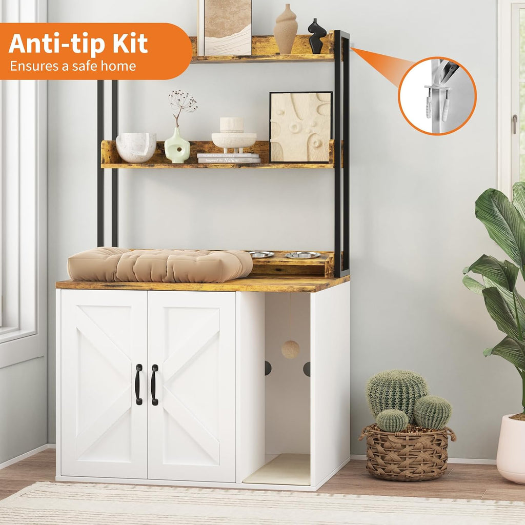 53" H Cat Litter Box Enclosure, Hidden Cabinet w/Storage & Charging, White