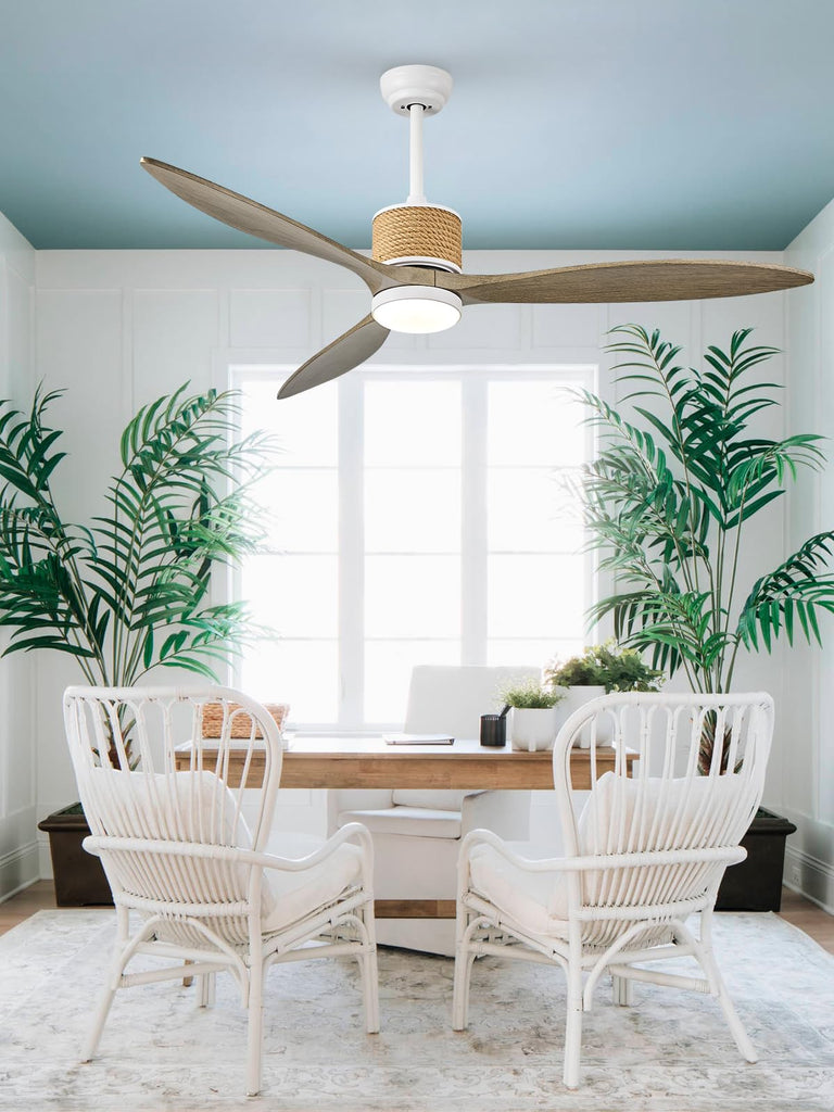 60in Boho White Ceiling Fan Lights with Remote Control 3 Blade Hemp Rope Ceiling Fans with Light Coastal Weathered