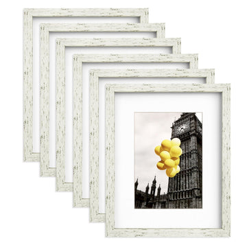 8x10 Picture Frame Set with Mat for Wall Collage - 6 pcs Distressed White Farmhouse Photo Frames for Hanging Wall or