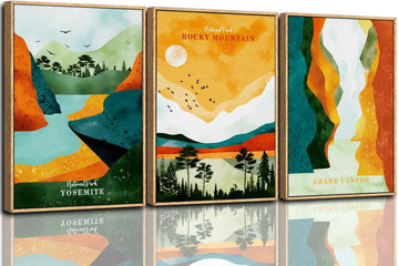 National Park Framed Canvas Wall Art Set, Grand Canyon Yosemite Rocky Mountain Wall Decor, Forest Lake Wall Painting