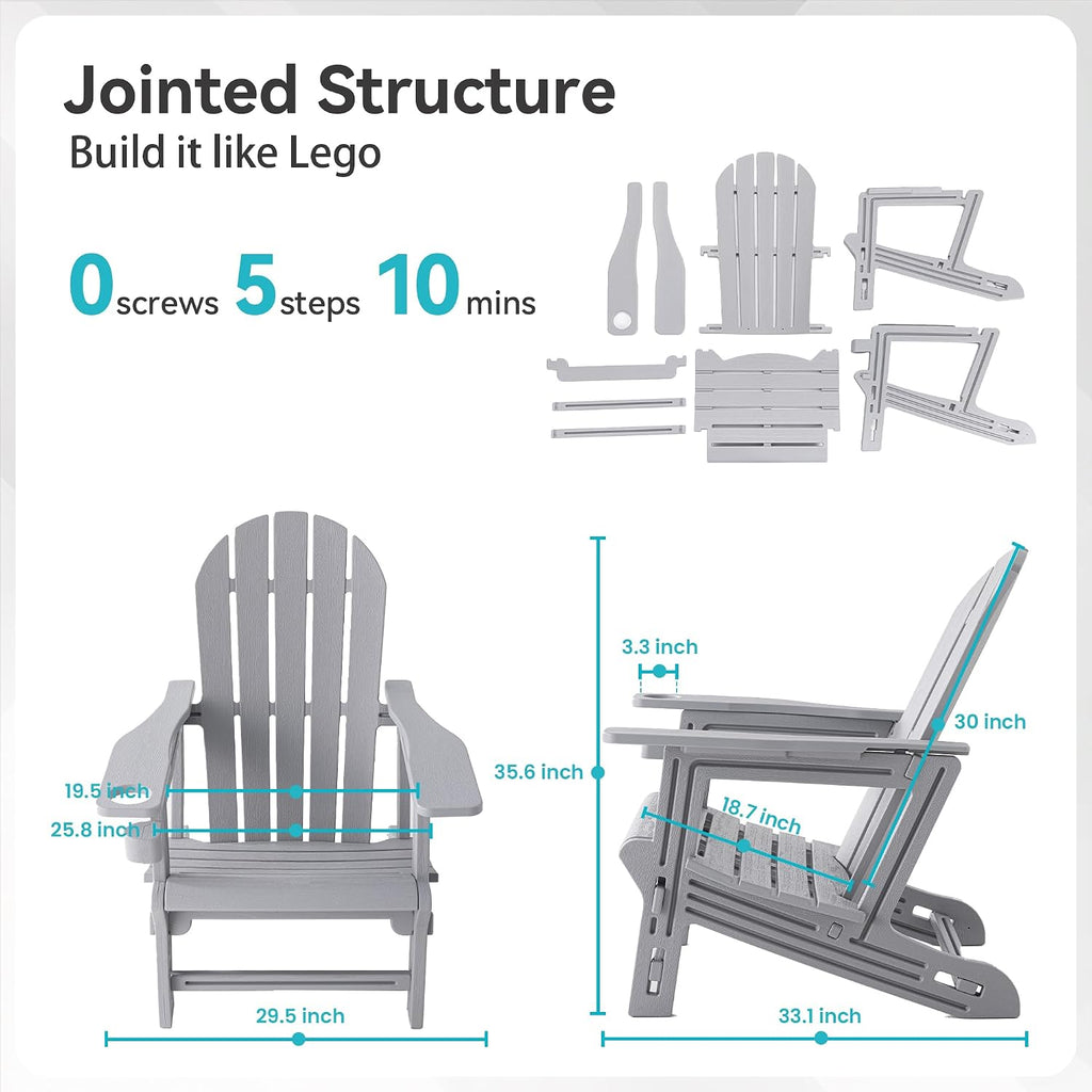 Adirondack Chair Set of 2, Screw-Free HDPE Oversized Outdoor Adirondack Chairs with Cup Holder, Wood Grain Finish