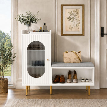 Shoe Storage Bench with Glass Door&Shelf, L-Shaped Shoe Cabinet, White