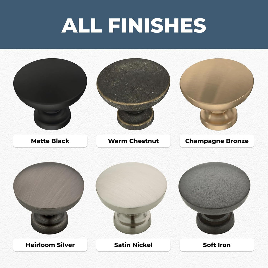 Fulton Matte Black Round Cabinet Knobs 1-3/16" Easy Install, Durable Hardware for Drawers, Dresser, Kitchen Cabinet