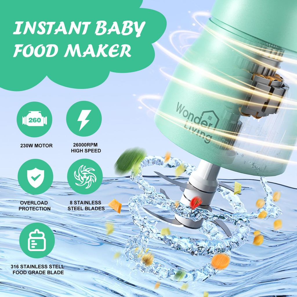 Food Maker with Glass Cups & Freezer Tray, Compact Baby Processor for Smoothies, Hands-Free One-Touch, 230W Motor