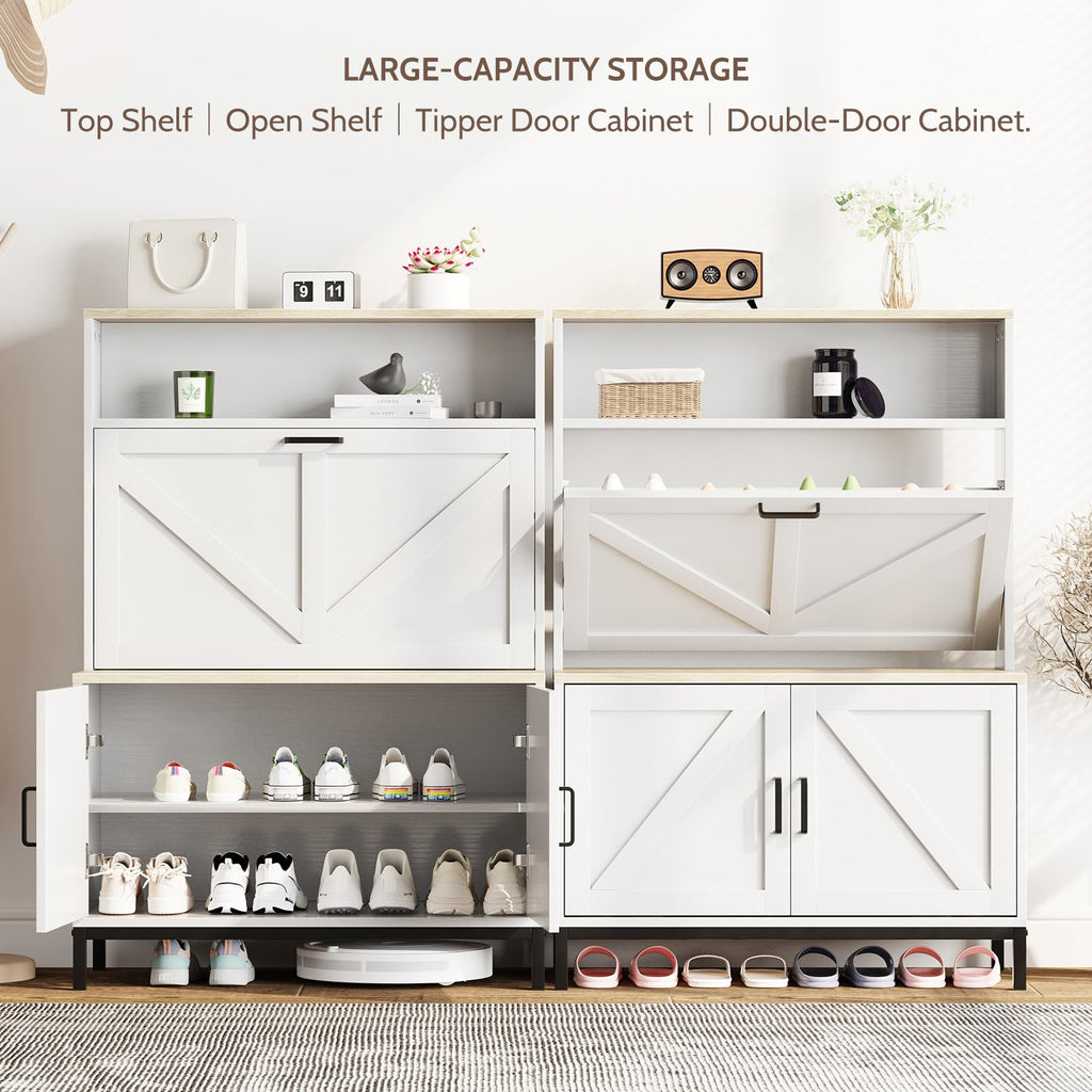 Wooden Shoe Cabinet with Flip Drawer and Doors, Narrow Shoe Rack Organizer Cabinet for Classified Storage, Farmhouse