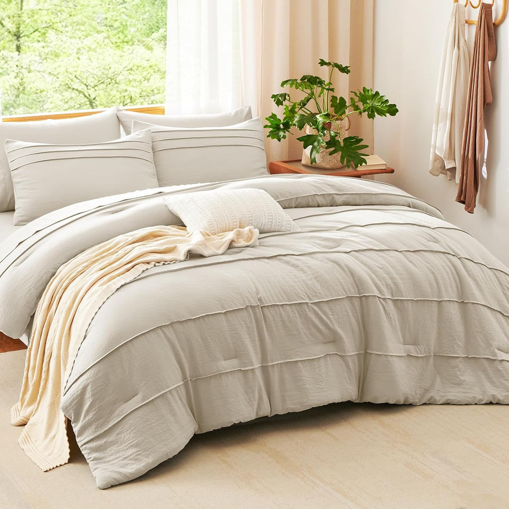 Queen Comforter Set Beige, 7 Pieces Soft Pinch Pleat Bed in a Bag Queen Comforter Set with Sheets