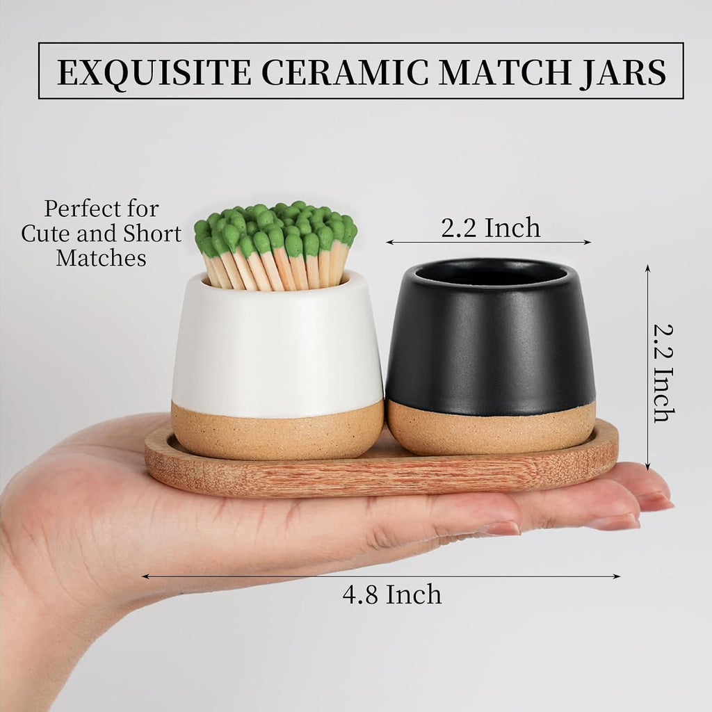 Ceramic Match Holder with Striker - Match Container With Wooden Tray Matchstick Holder Bathroom Candle - Set of 2