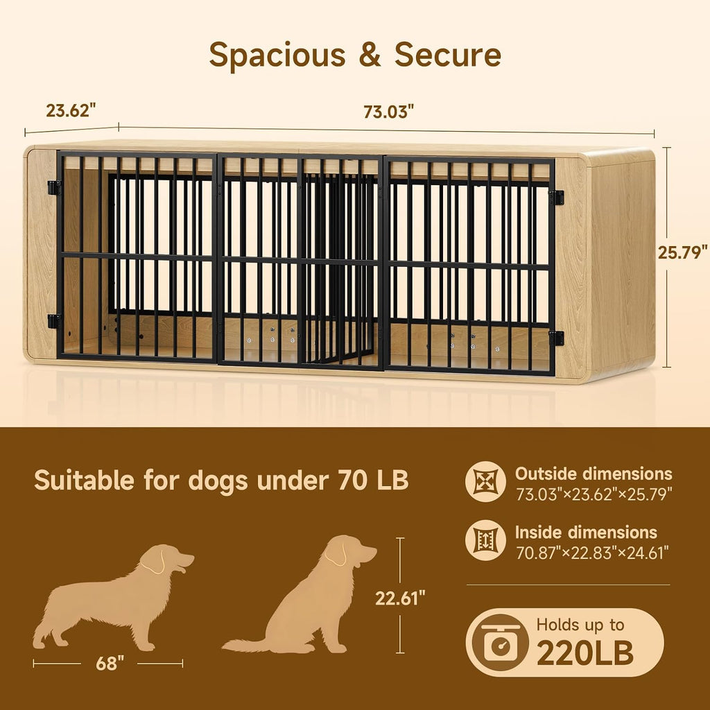 74" Double Dog Crate Furniture TV Stand for Large Dogs, Natural Oak