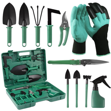 11 Pcs Garden Tools Set with Gloves, Heavy Duty Trowel Rake Weeder Pruner Shears Sprayer with Ergonomic Handle