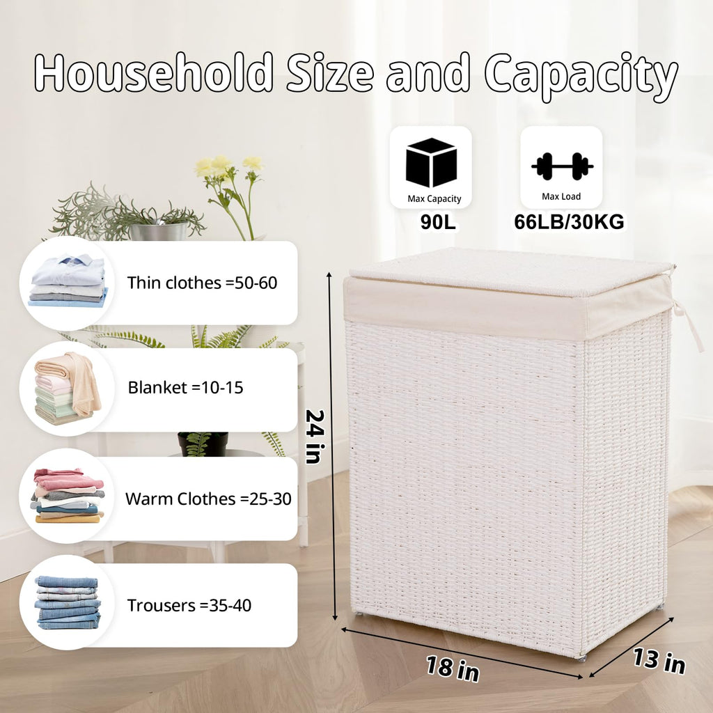 Laundry Hamper with Lid, 90L(23.8 Gal) Large Wicker Laundry Basket, Handwoven Paper Rope Clothes Hamper with