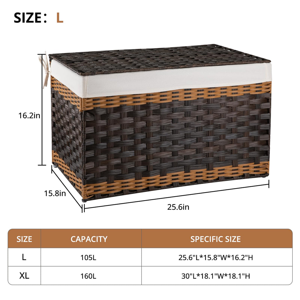 Storage Basket with Lid, 27.7 Gallon (105L) Blanket Basket with Removable Liner Bag, Synthetic Wicker Hamper with
