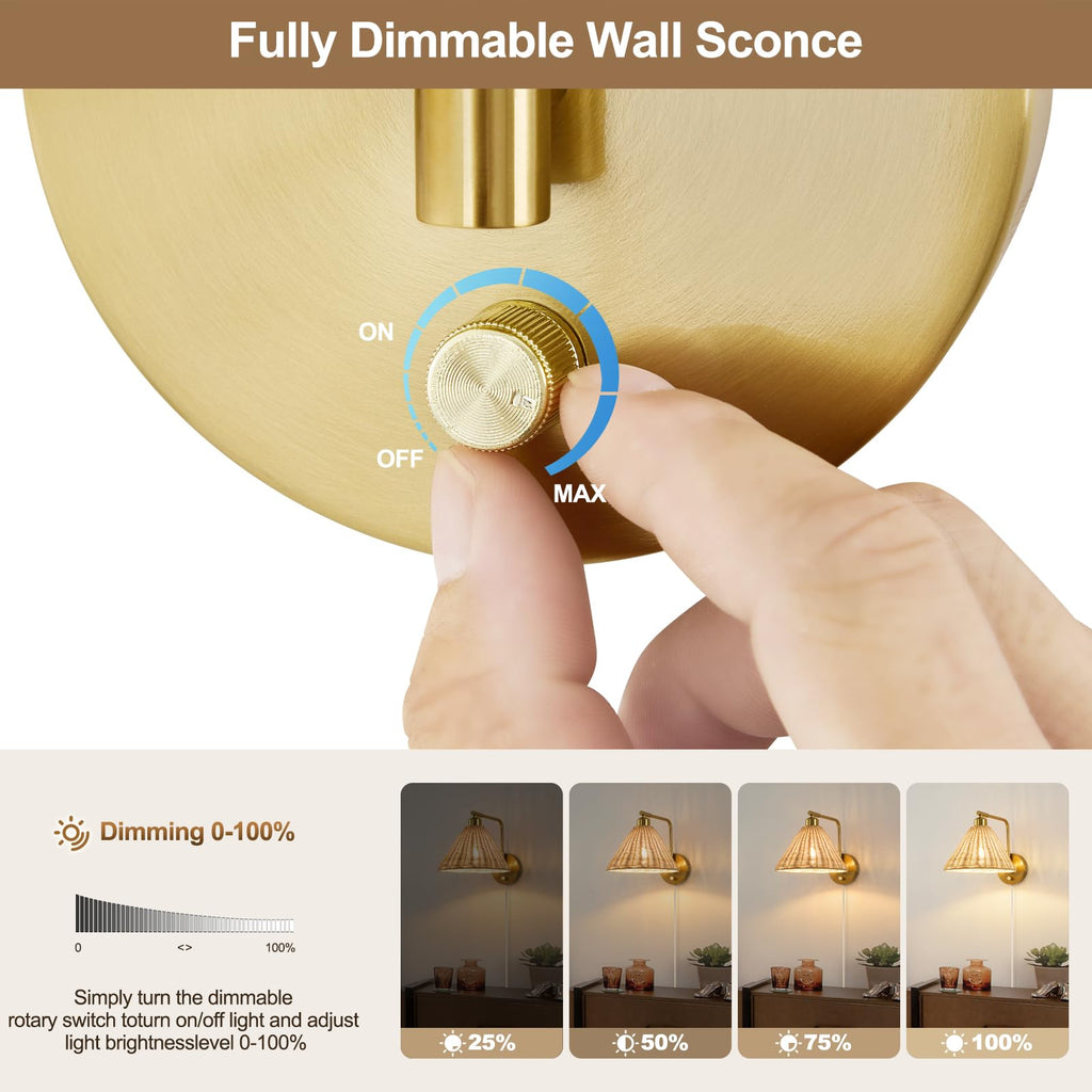 Plug in Wall Sconces Set of 2, Rattan Wall Lamps with Cord and Dimmer Switch, Gold Swing Arm Wall Mounted Bedside
