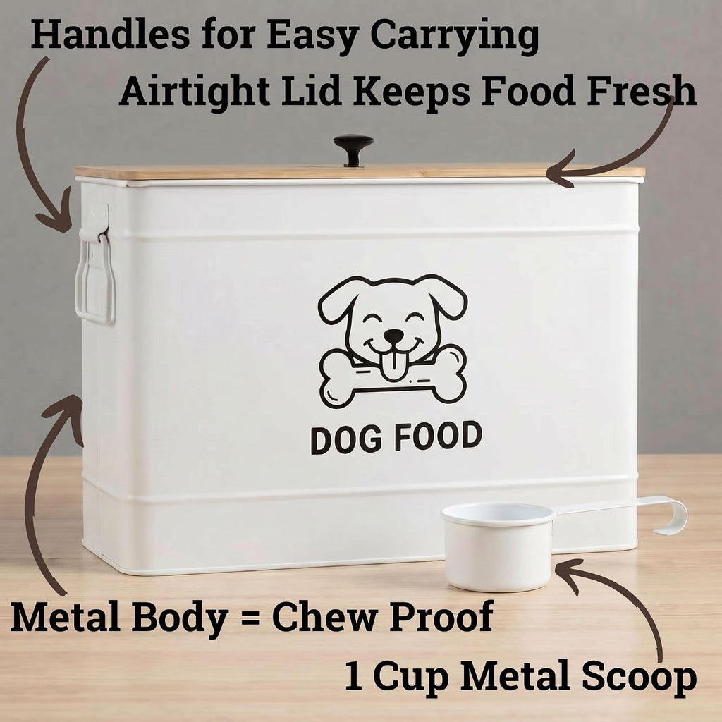 Metal Dog Food Container 15-20 lbs w/ Airtight Bamboo Lid, 70 Cup Capacity