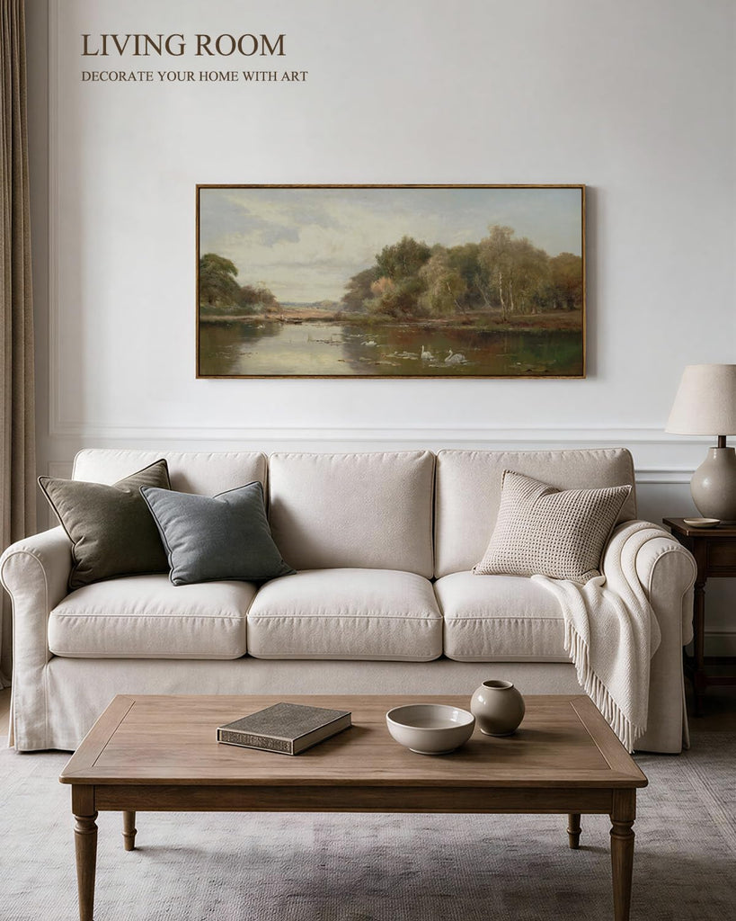 Extra Large Framed Vintage Wall Art, River Swans Prints, 24x48inch