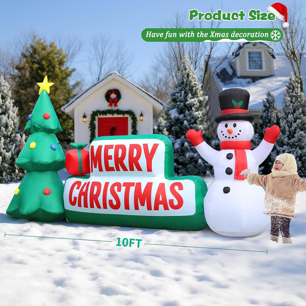 10 FT Long Christmas Inflatable Merry Christmas Sign Outdoor Decorations, Blow up Xmas Sign with Christmas Tree and