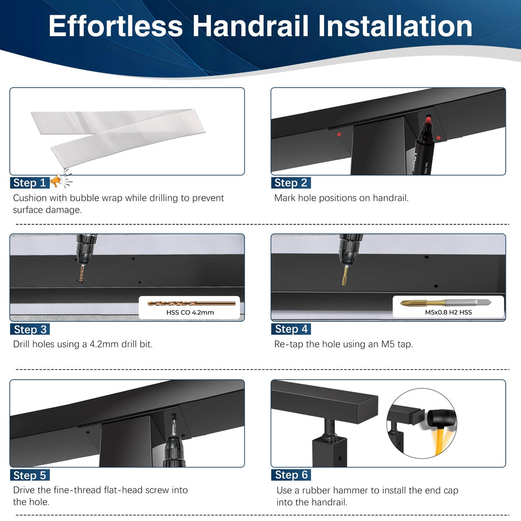 10FT Black Rectangular Handrail, 2 Pack Flat Cable Railing Handrail