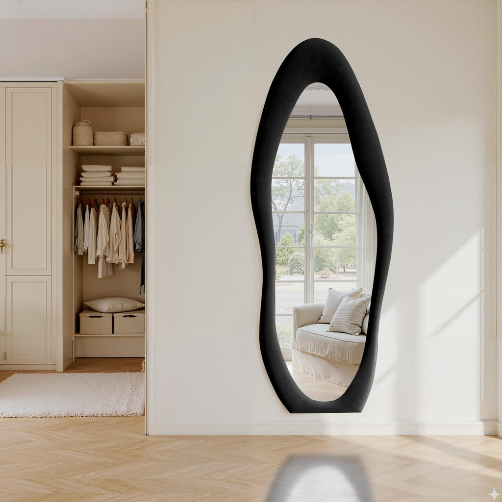 Full Length Mirror 63"x24" Irregular Full Body Wall Mounted Floor Mirror with Stand Black Flannel Wrapped Frame