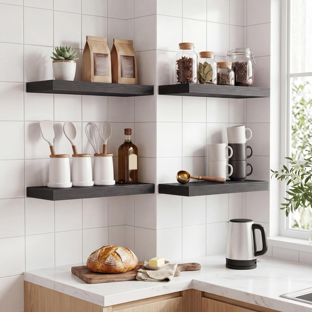 Floating Shelves for Wall Decor (Black, Set of 4, 15.7 Inch)