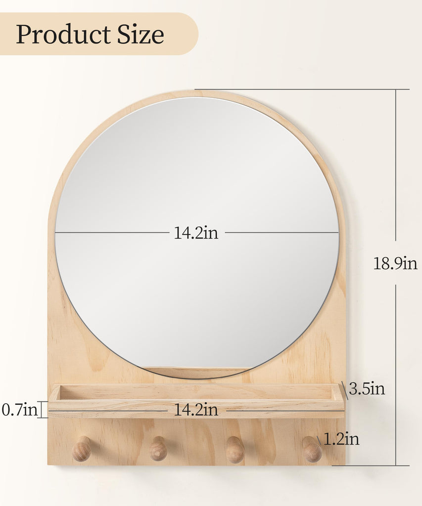 Nursery Wall Shelf with Mirror, Natural Wood Boho Arch Design