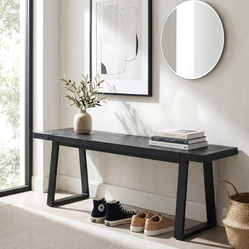 60" Entryway Bench Black Wood Dining Bench Bedroom Bench Modern Minimalist Long Slatted Bench Hallway, Sturdy Solid