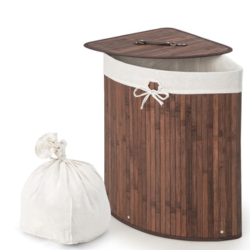58 L Corner Laundry Hamper with Lid, Removable Liner & Handle Brown