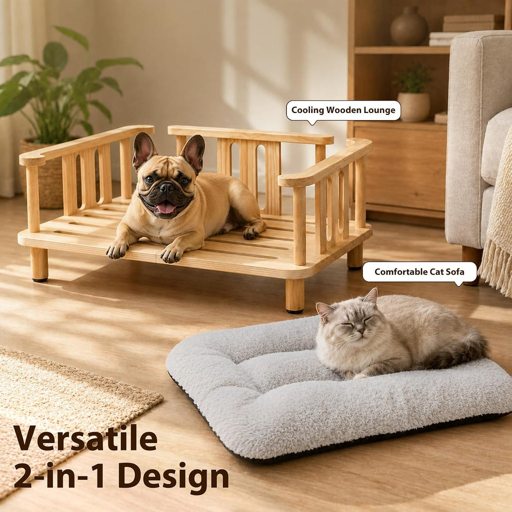 Elevated Cat Couch & Dog Sofa, Solid Wood Raised Pet Bed with Machine Washable Plush Mattress, Indoor Cat Furniture