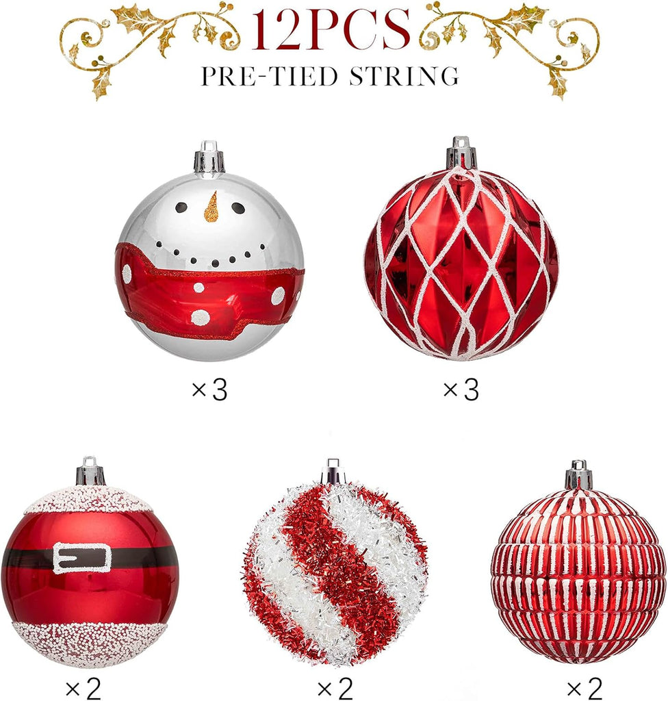 3.12-Inch Christmas Balls Ornaments for Tree, Red & White - Set of 12