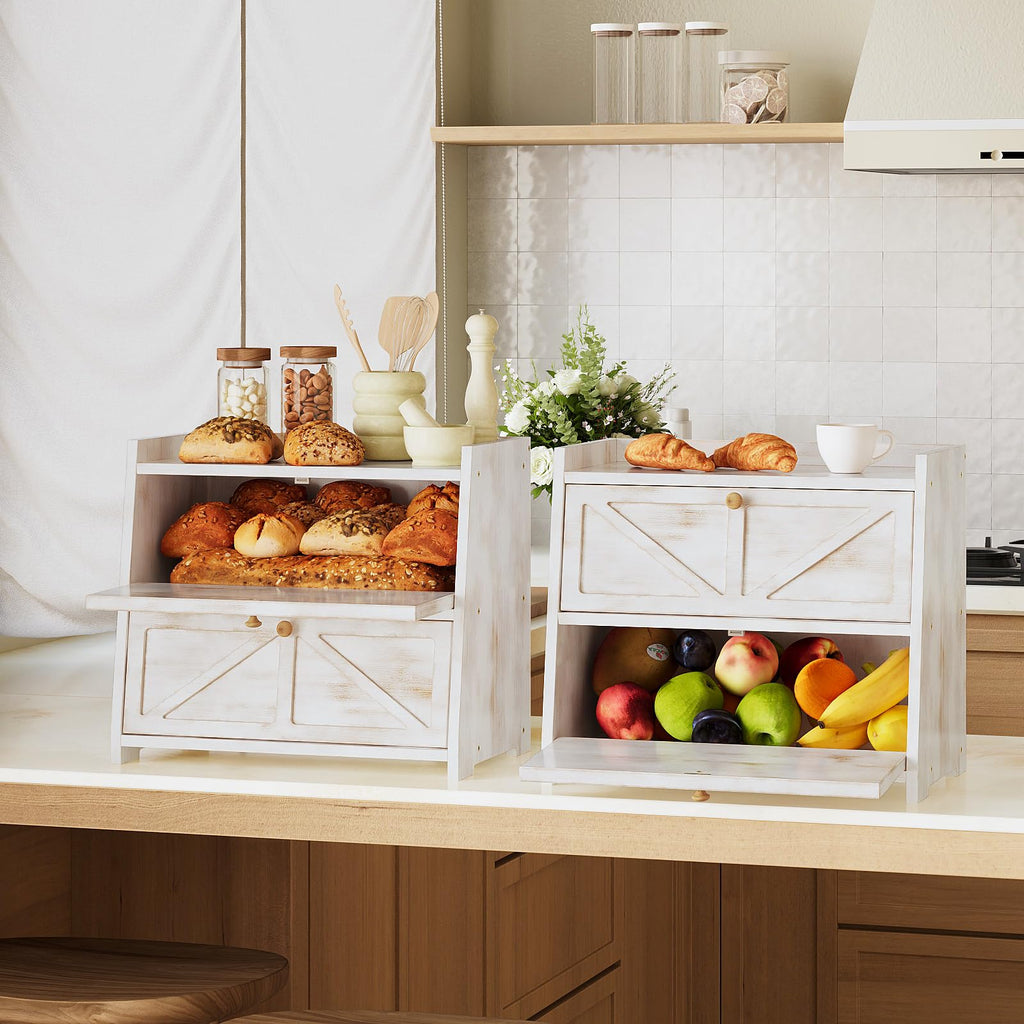 Vintage Double Layer Counter Bamboo Bread Storage Container Large Capacity Bread Storage Bin (Antique White)