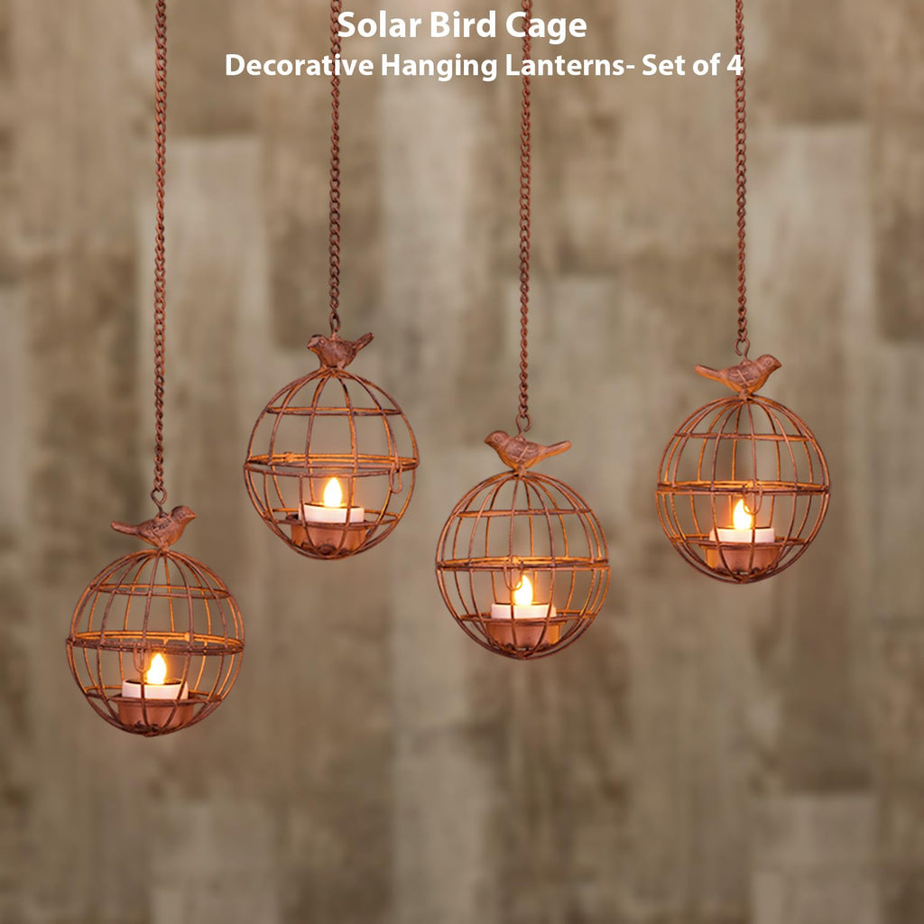 Outdoor Solar Hanging Lantern Lights, 4 Pack Rustic Ball Birdcage Hanging Candle Holder with Solar Tea Lights