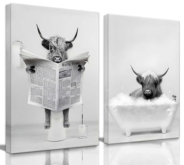 Funny Highland Cow Bathroom Wall Art Farmhouse Animal Canvas Prints Decor
