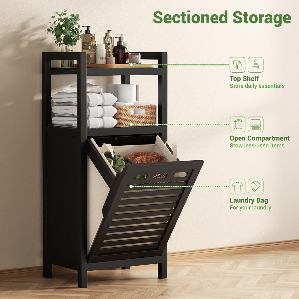 Bamboo Tilt Out Laundry Hamper Cabinet with Removable Bag, Black