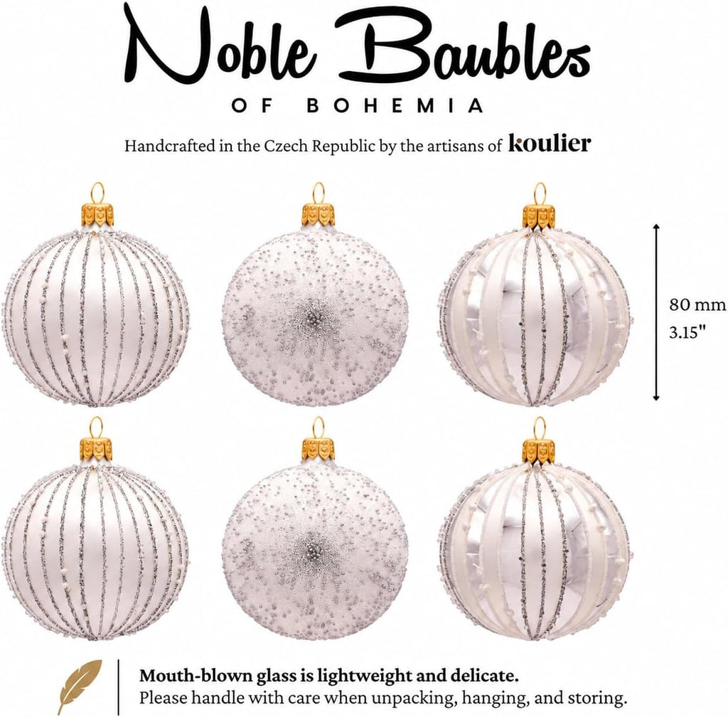 Luxury Handcrafted European Glass Christmas Ball Ornaments - Set of 6 - Silver & White - Frosted Luxe - 8 cm